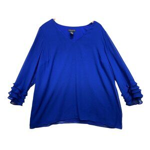 Grace Womens V-Neck Blouse Plus Size 2X Blue Ruffle Sleeve Pullover Sheer Y2K